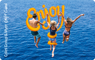 Three people juming into ocean with text enjoy, can be used at particpating retailers