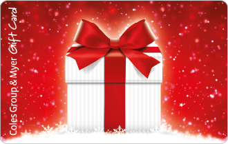 Christmas white striped box with red ribbon on spearkly red background, can be used at particpating retailers
