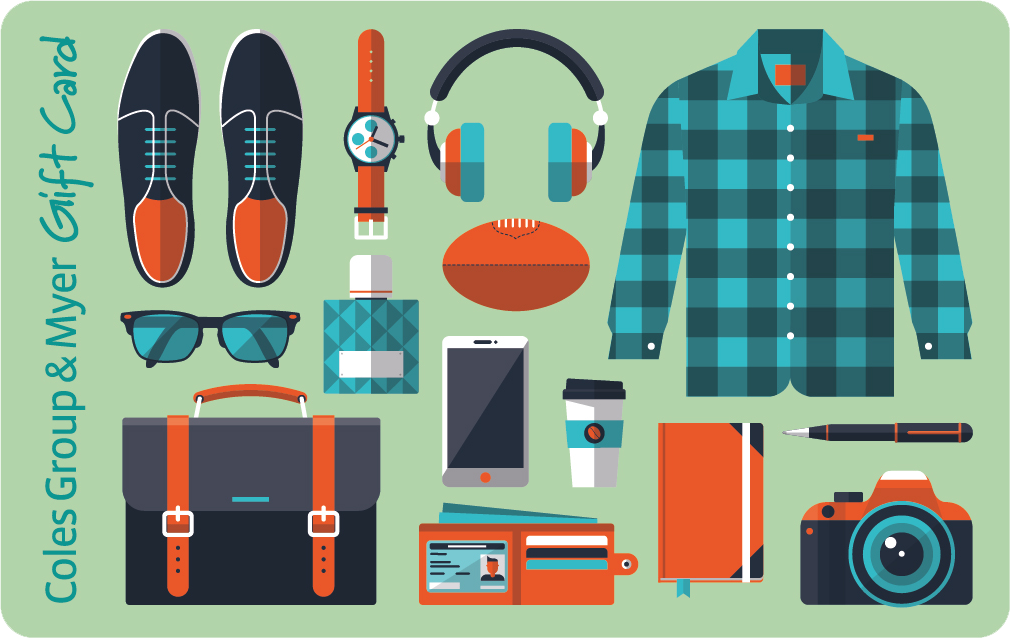 Mix of images in dark gey, orange and turquoise of shoes, watch, headphones, football, sunglasses, mobile, briefcase, wallet, camera and checked shirt on pale green background.